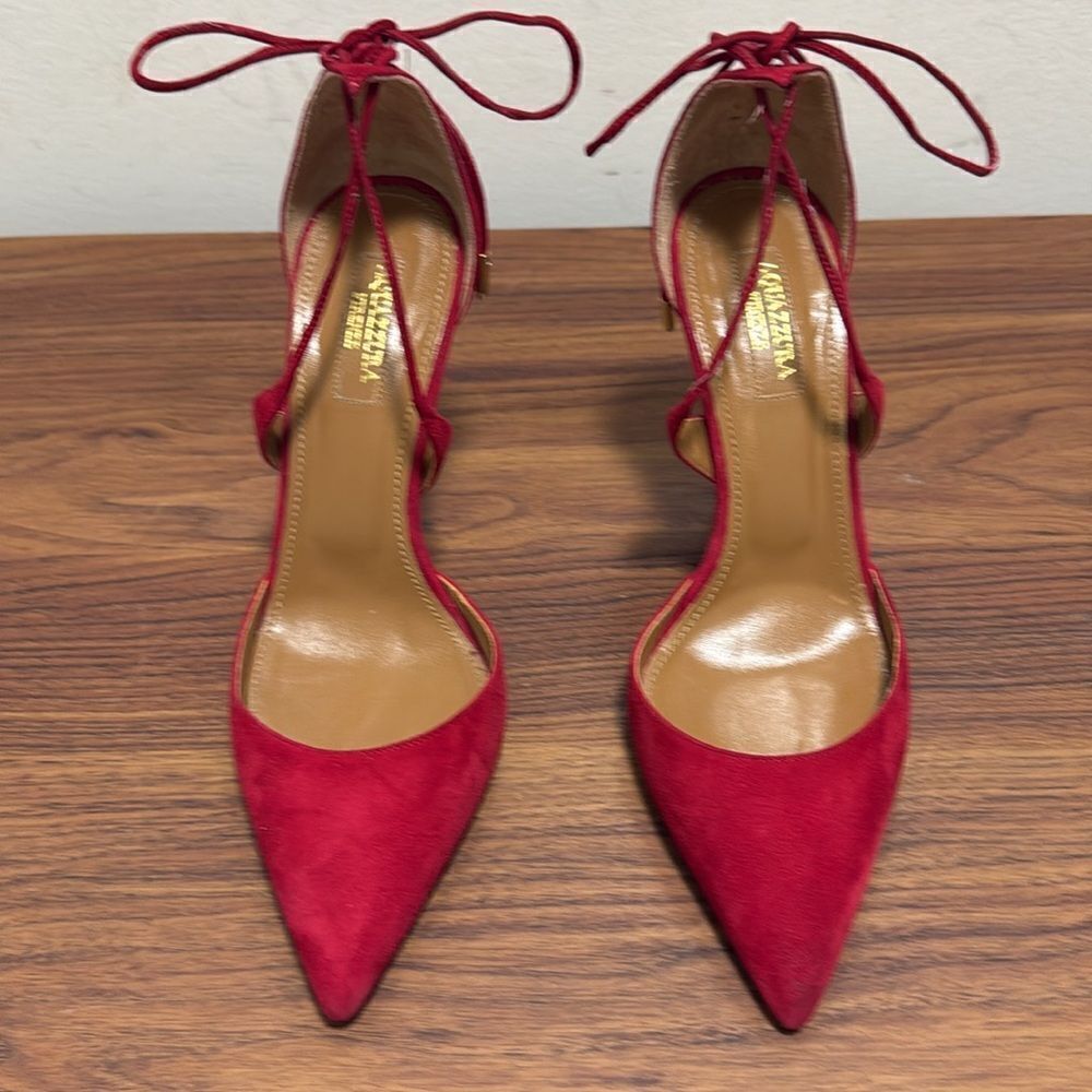 Red Suede Pointed Toe Tie-Ankle Pumps